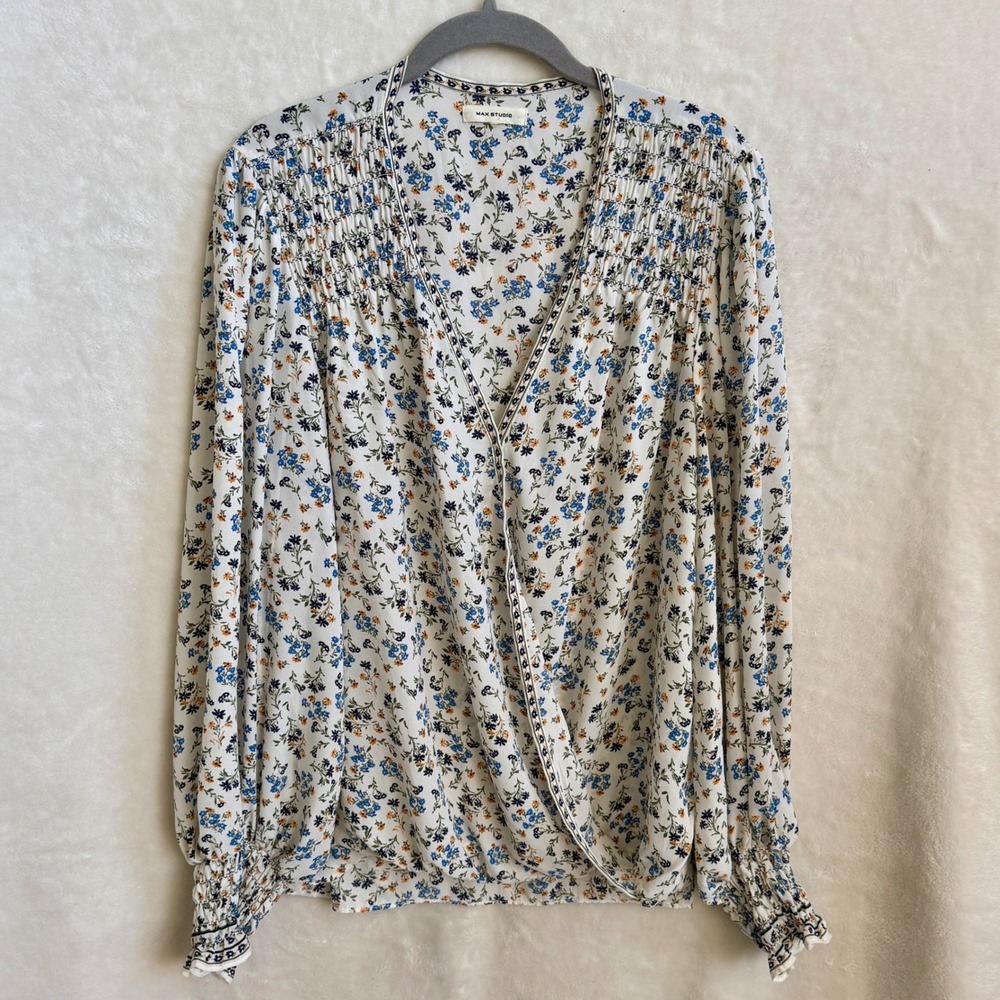 Max Studio Ivory Ditsy Floral Surplice Wrap Top Smocked Ruffle Cuff Sleeves